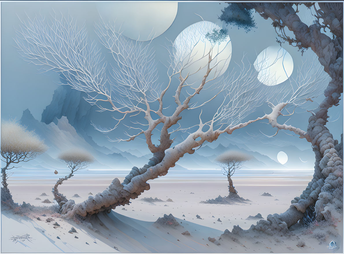 Surreal landscape with leafless trees, moons, misty mountains