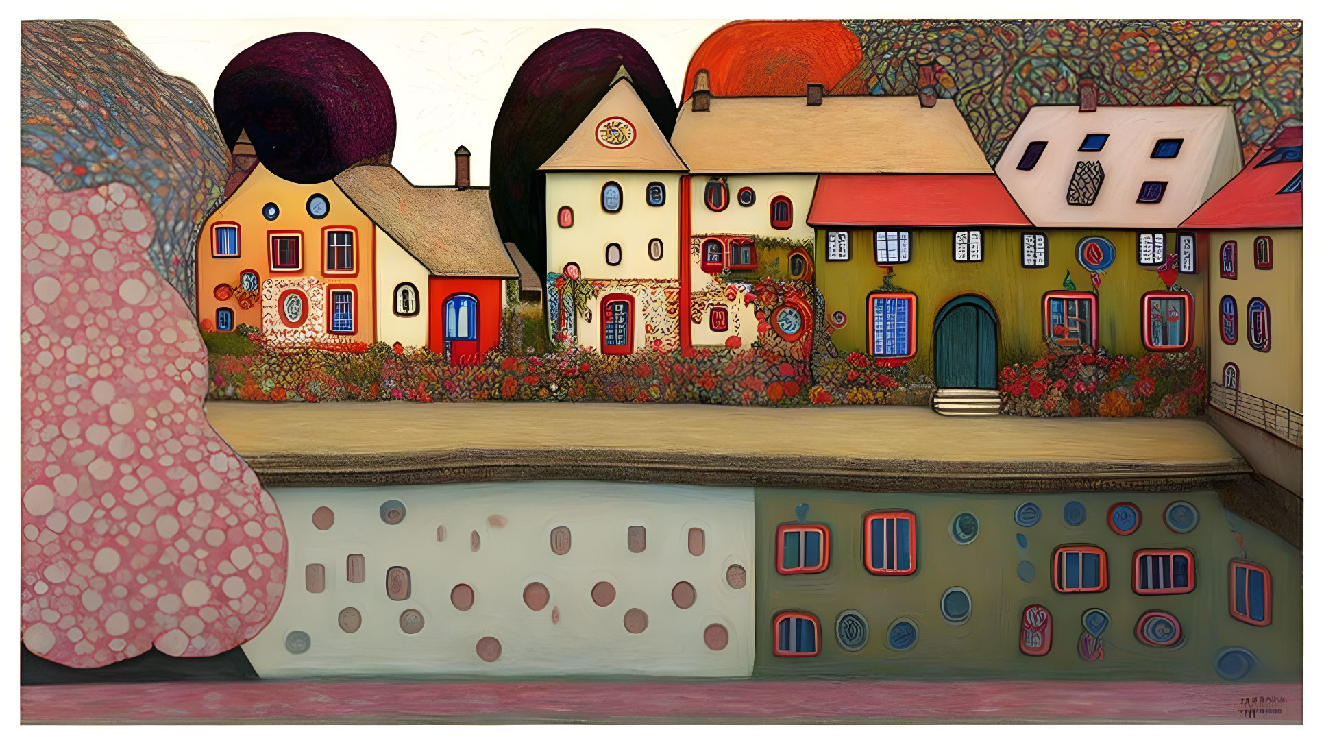 Vibrant, whimsical village artwork with warm and cool shades