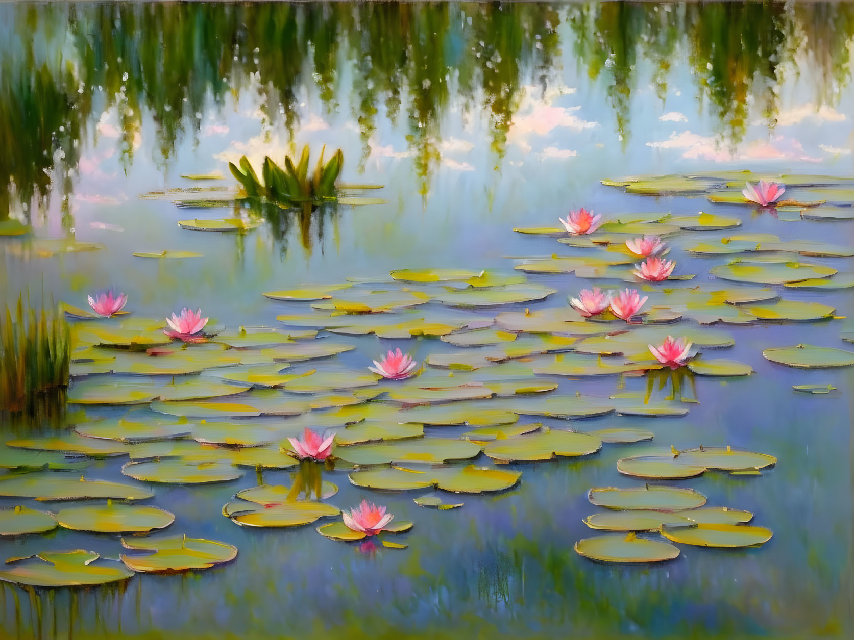 Tranquil pond with blooming pink water lilies and reflecting trees