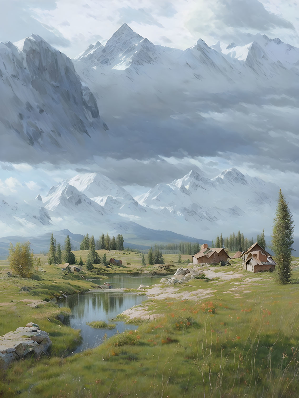 Tranquil Mountain Landscape with Lake, Meadows, and Cabin