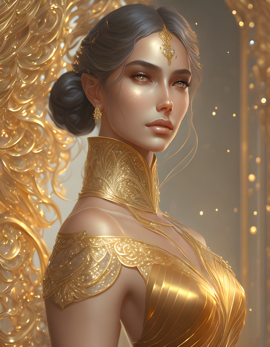 Sophisticated woman portrait with ornate gold jewelry and attire in soft glow.