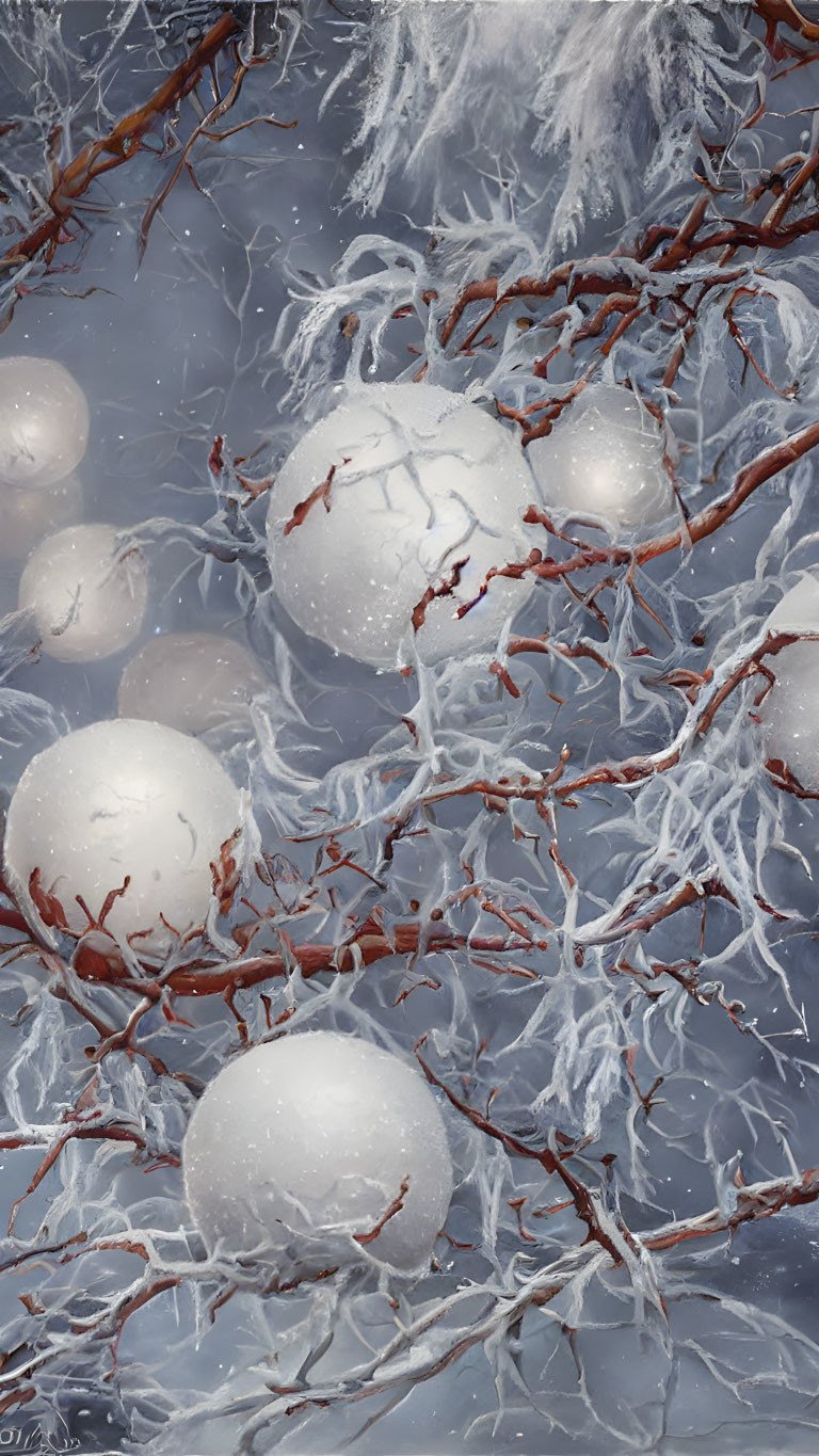 Winter Scene with Snow-Covered Branches and White Orbs