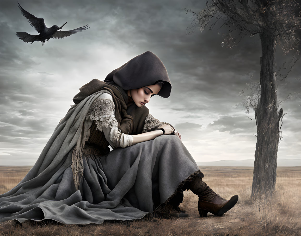 Medieval woman sitting under barren tree with flying raven