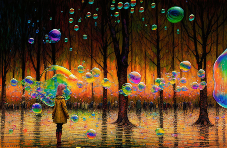 Colorful Forest Scene with Soap Bubbles and Reflections