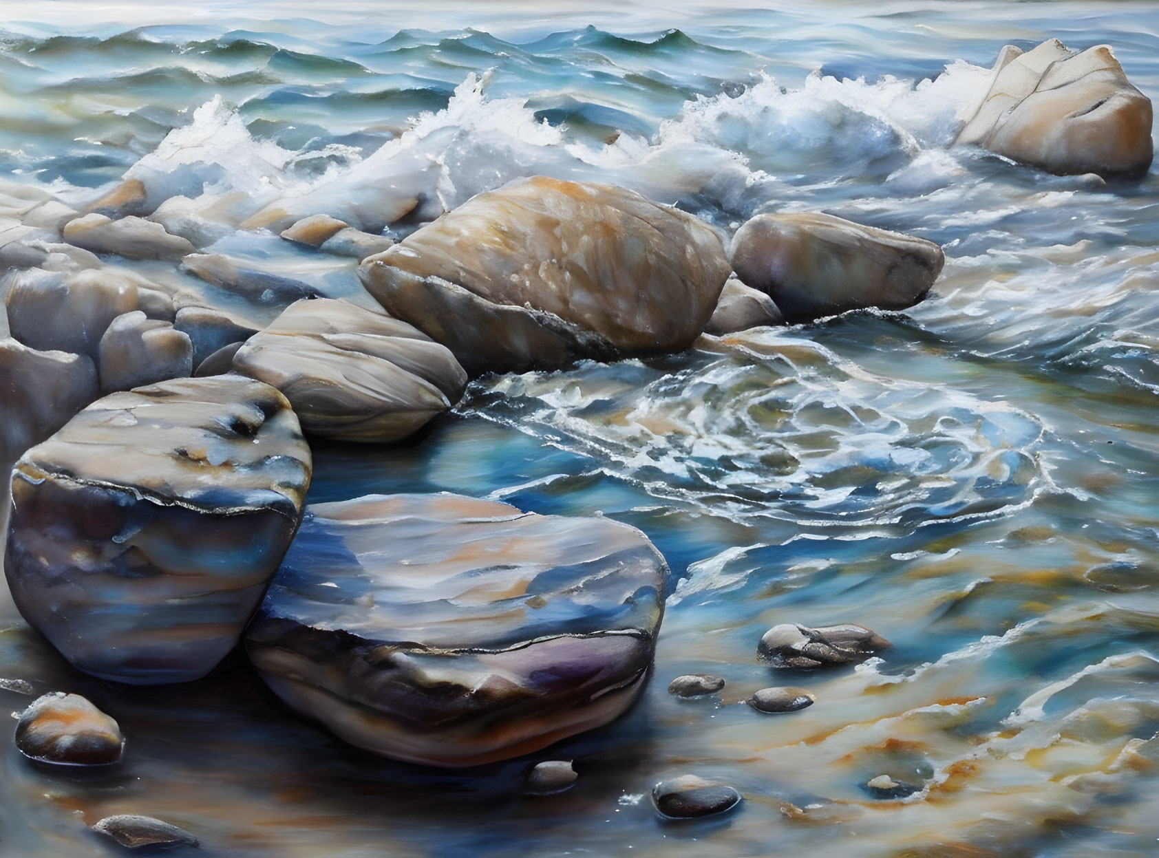 Realistic painting of large rocks on shoreline with crashing waves and white foam under cloudy sky