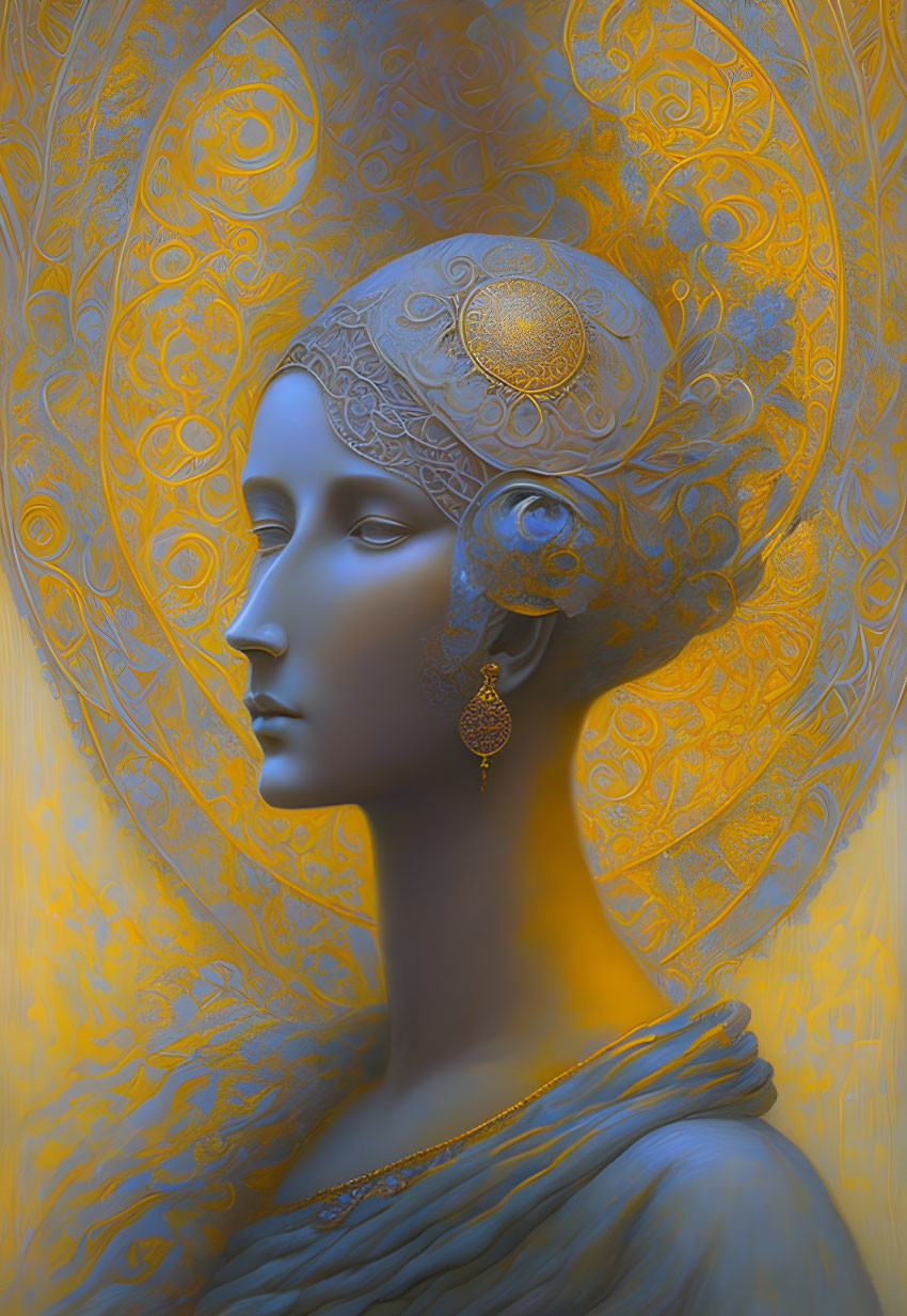 Woman's portrait with ornate headdress and golden patterns in blue and yellow palette