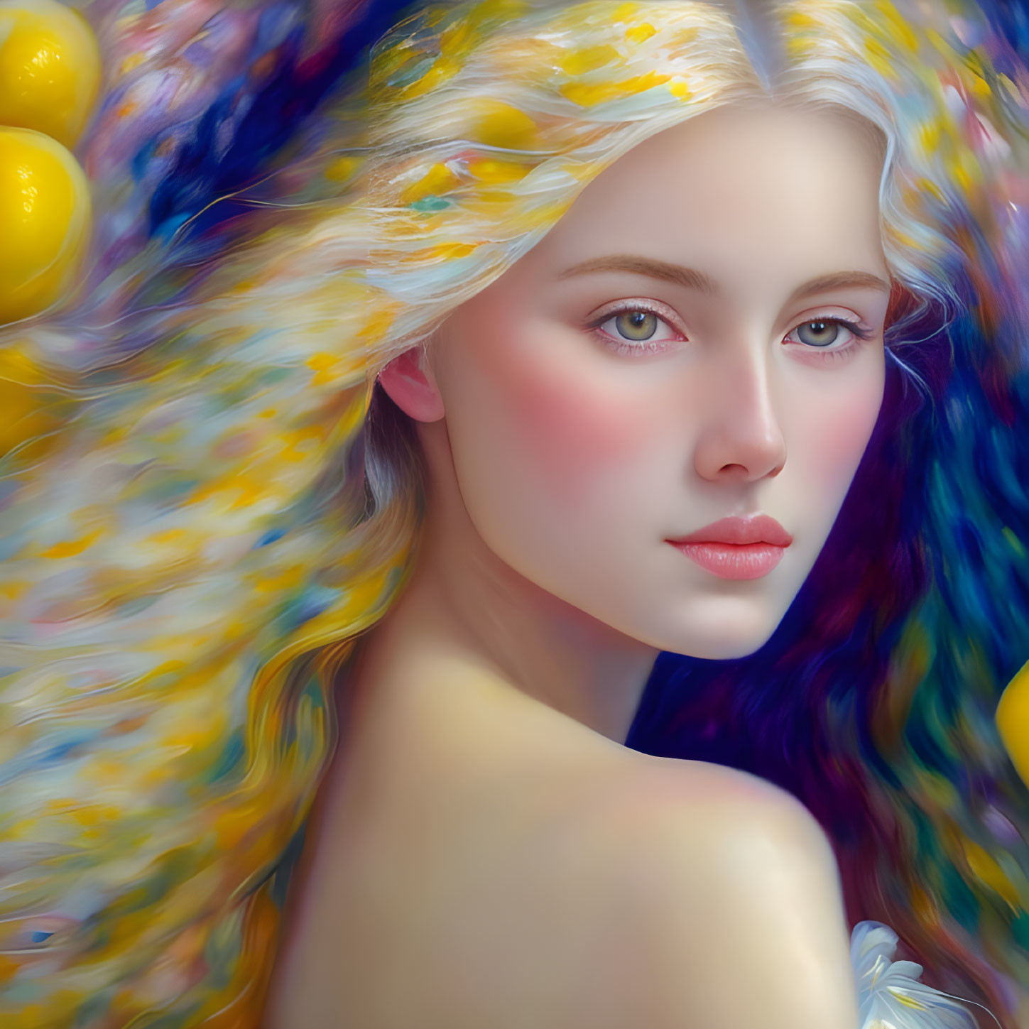 Portrait of Woman with Fair Skin, Blue Eyes, and Flowing Hair in Dreamlike Colors