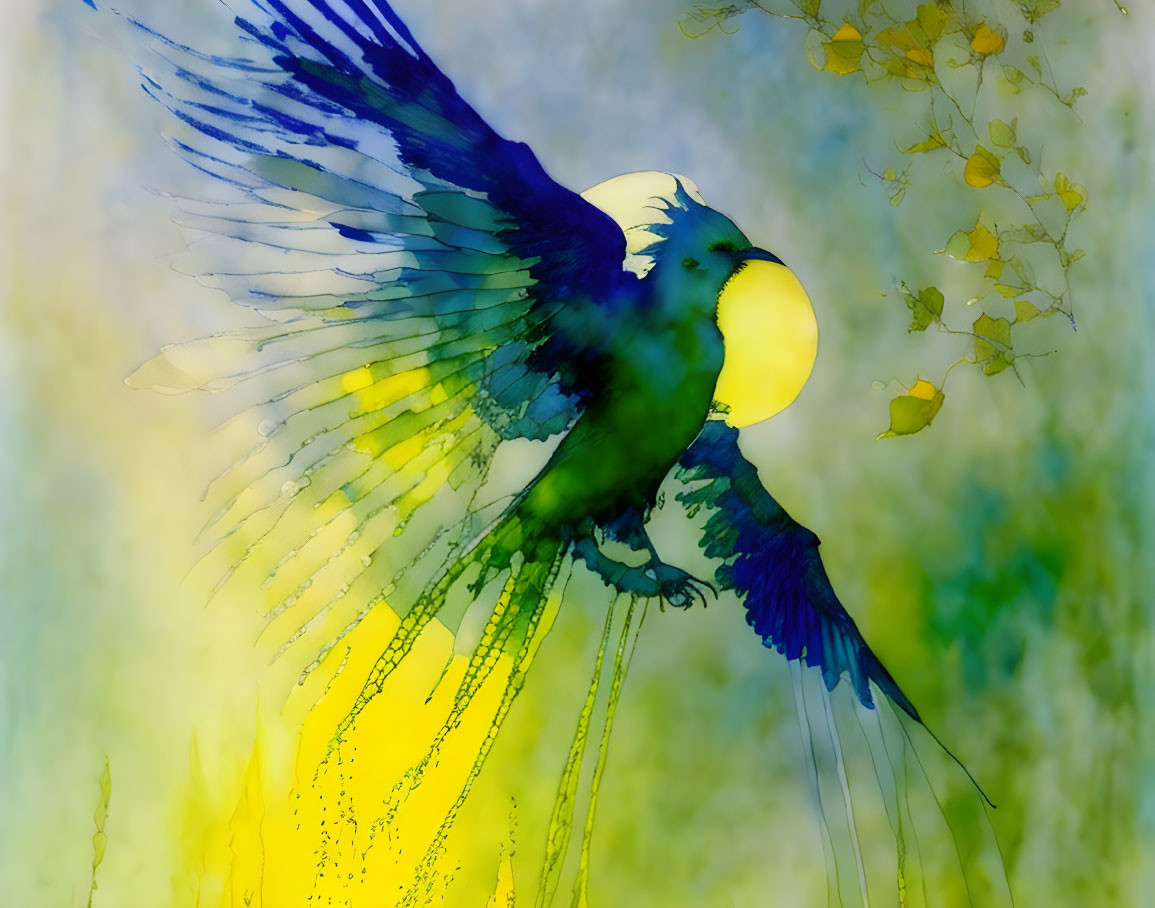 Vibrant parrot in flight on yellow-blue watercolor background