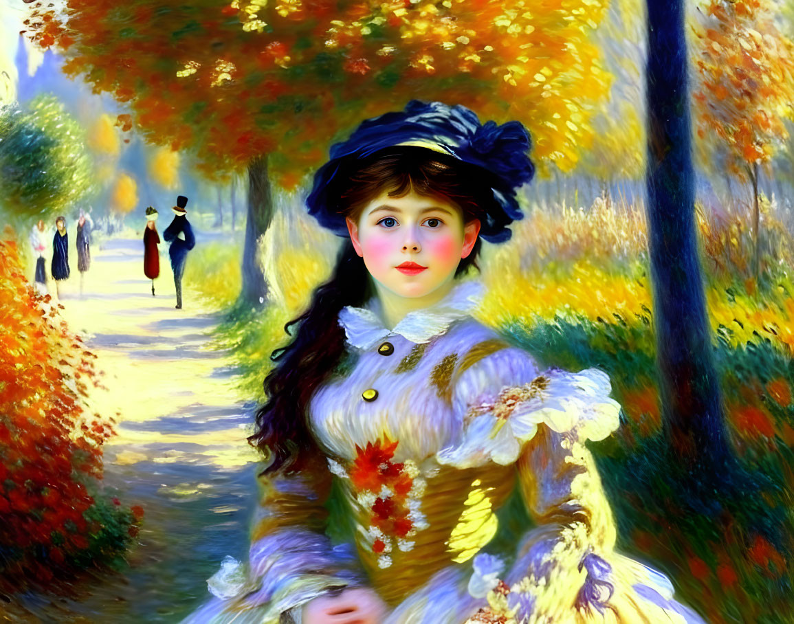 Young girl with rosy cheeks and blue hat in impressionistic autumnal landscape