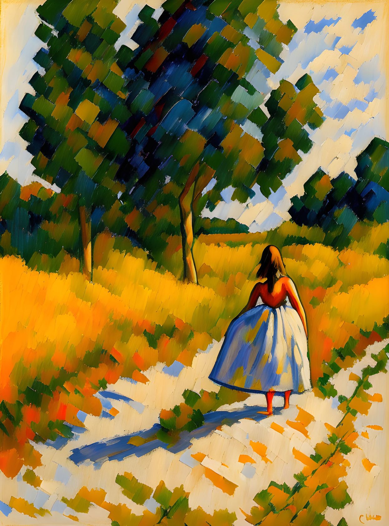 Woman in Dress Walking Through Sunlit Field with Trees and Blue Sky