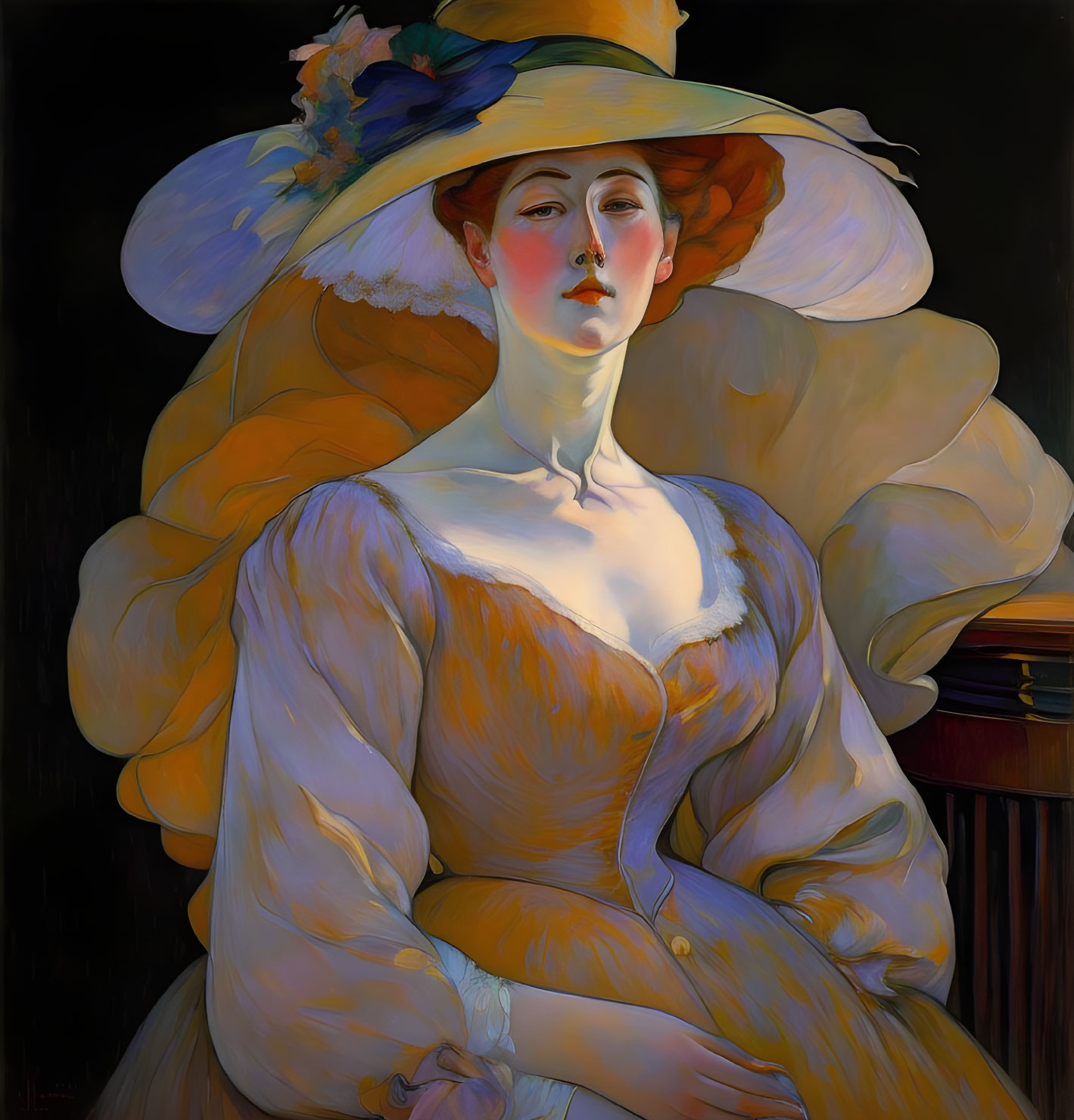 Woman in Yellow Dress with Flowered Hat on Dark Background