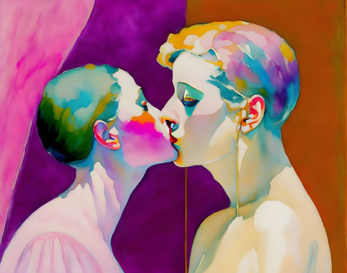 Vibrant abstract painting of two figures in a close kiss