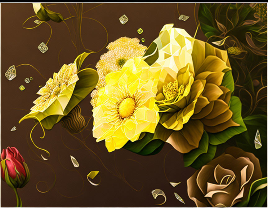 Geometric Yellow and Brown Flowers with Sparkling Accents on Dark Background