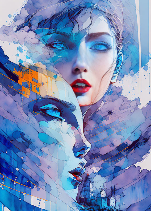 Abstract Art: Vibrant Blue Tones on Female Faces