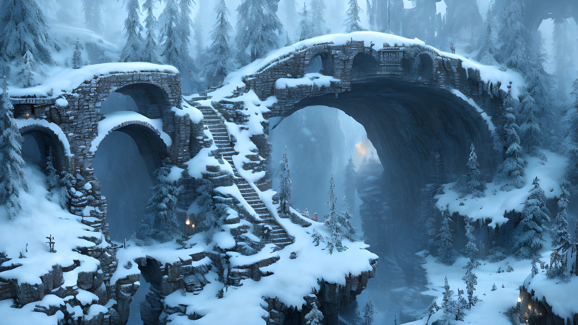 Snow-covered stone bridge over chasm with pillars and trees under blue light