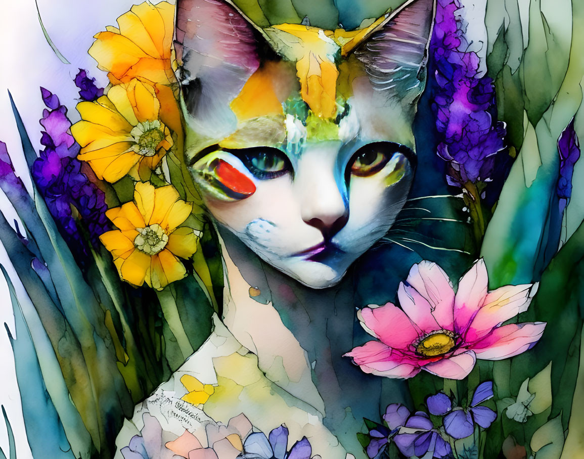 Vibrant watercolor painting of a cat's face with floral details