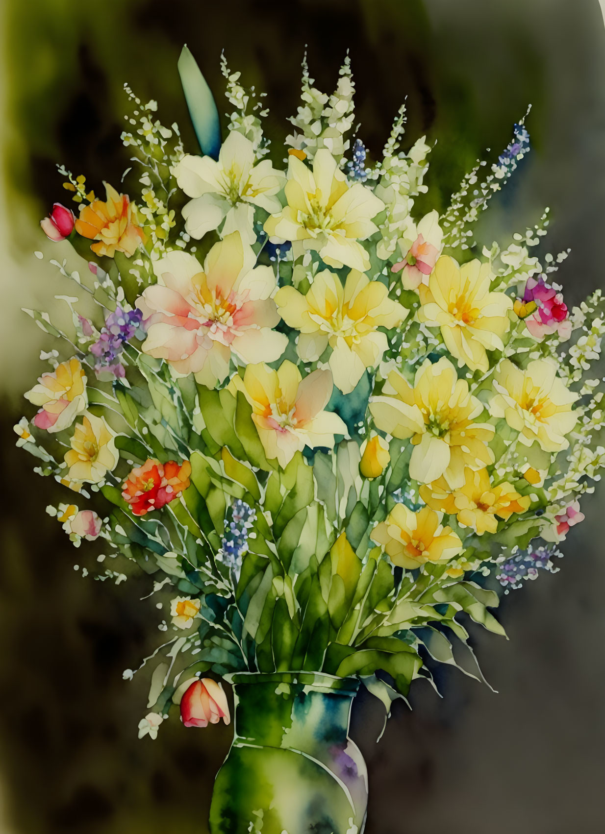 Colorful Watercolor Painting of Yellow, Red, Green, and White Flowers in a Green Vase