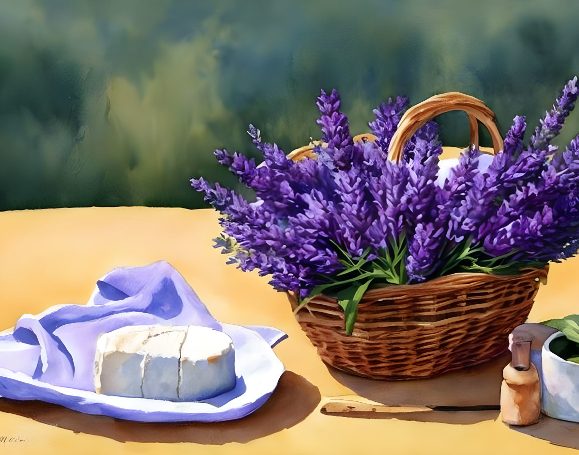 Still life painting with lavender-filled wicker basket and cheese on forested table