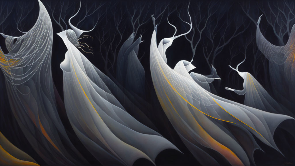 Ethereal painting of three figures in flowing white robes against mystical background