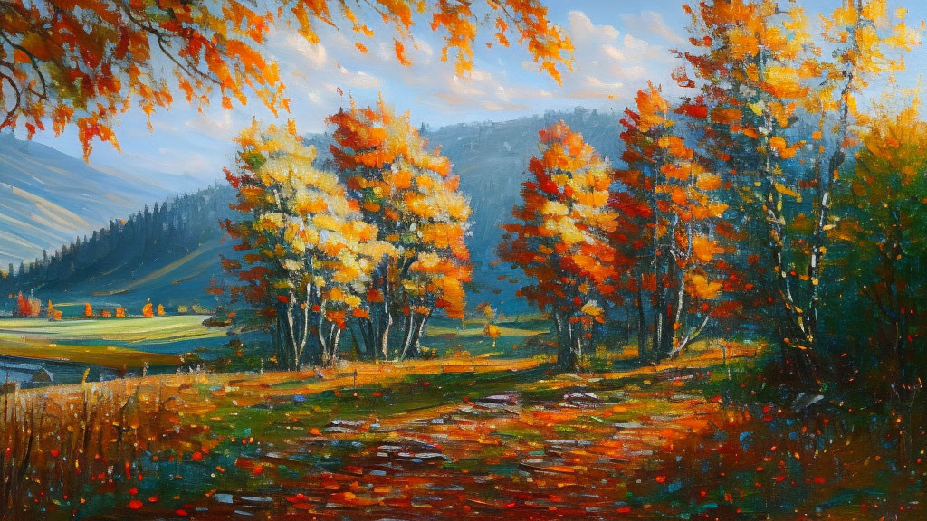 Colorful autumn landscape painting with sunlit path and mountains.