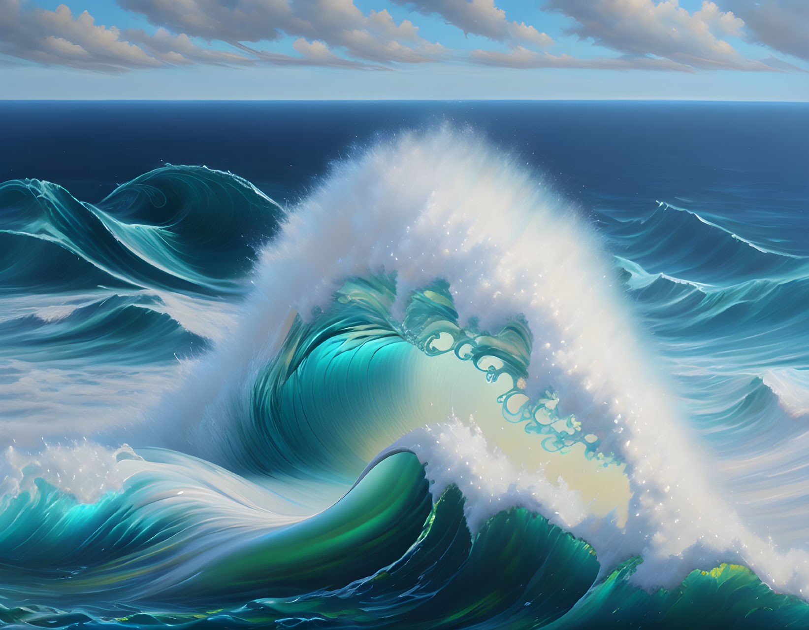 Vibrant ocean wave with sunlight glow and sea spray foam