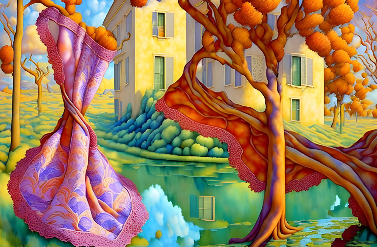 Surreal landscape with hourglass-shaped tree and floating Italian-style house