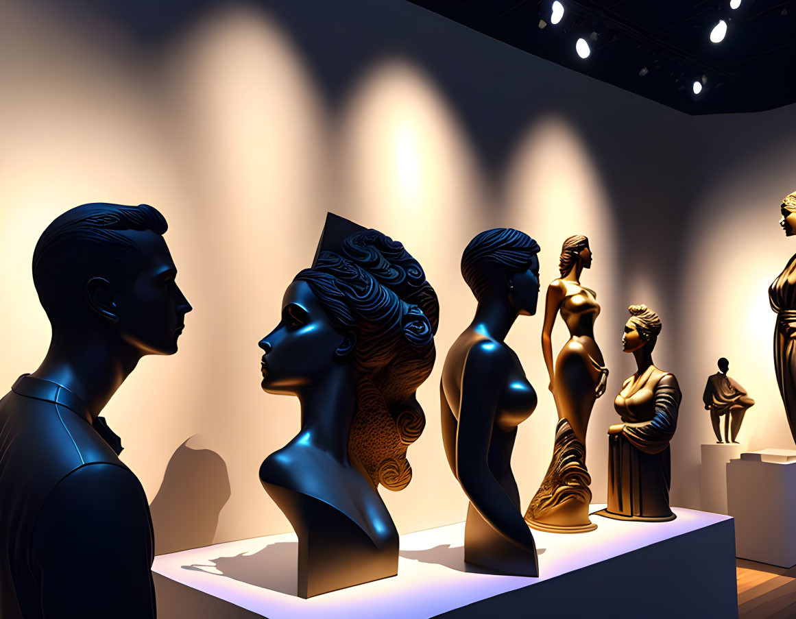 Sculpted busts of men and women with dramatic lighting at art exhibit