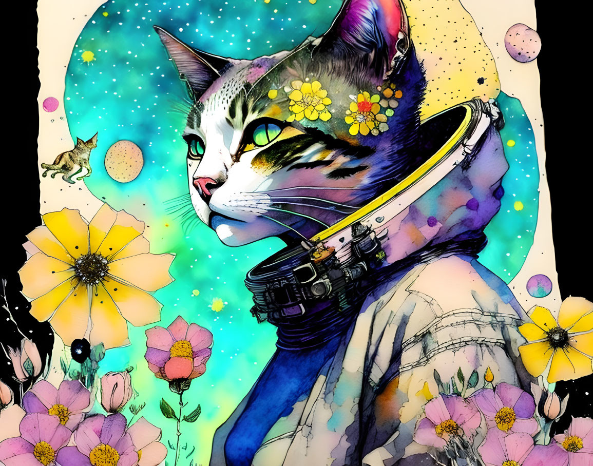 Vibrant cosmic cat illustration with flowers and astronaut mouse