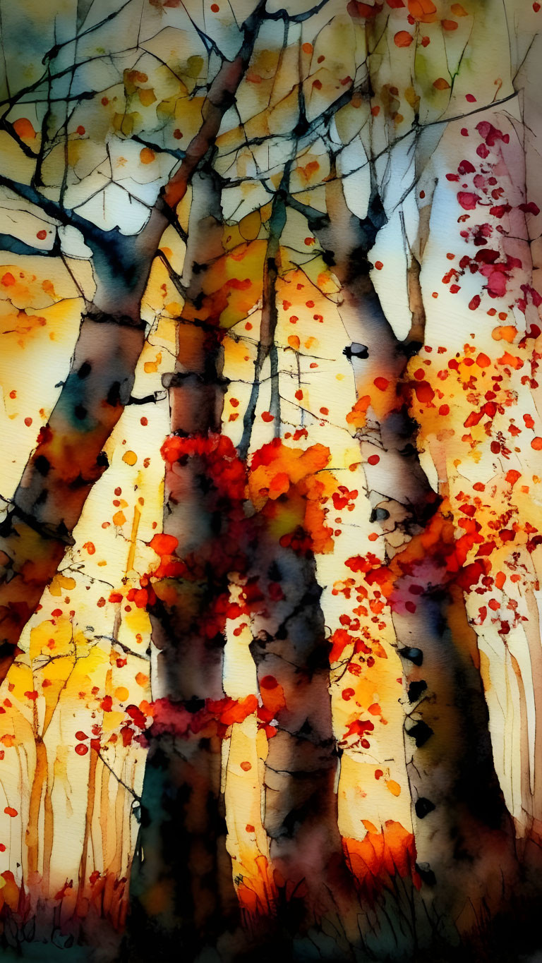 Vibrant autumn forest watercolor painting with colorful foliage