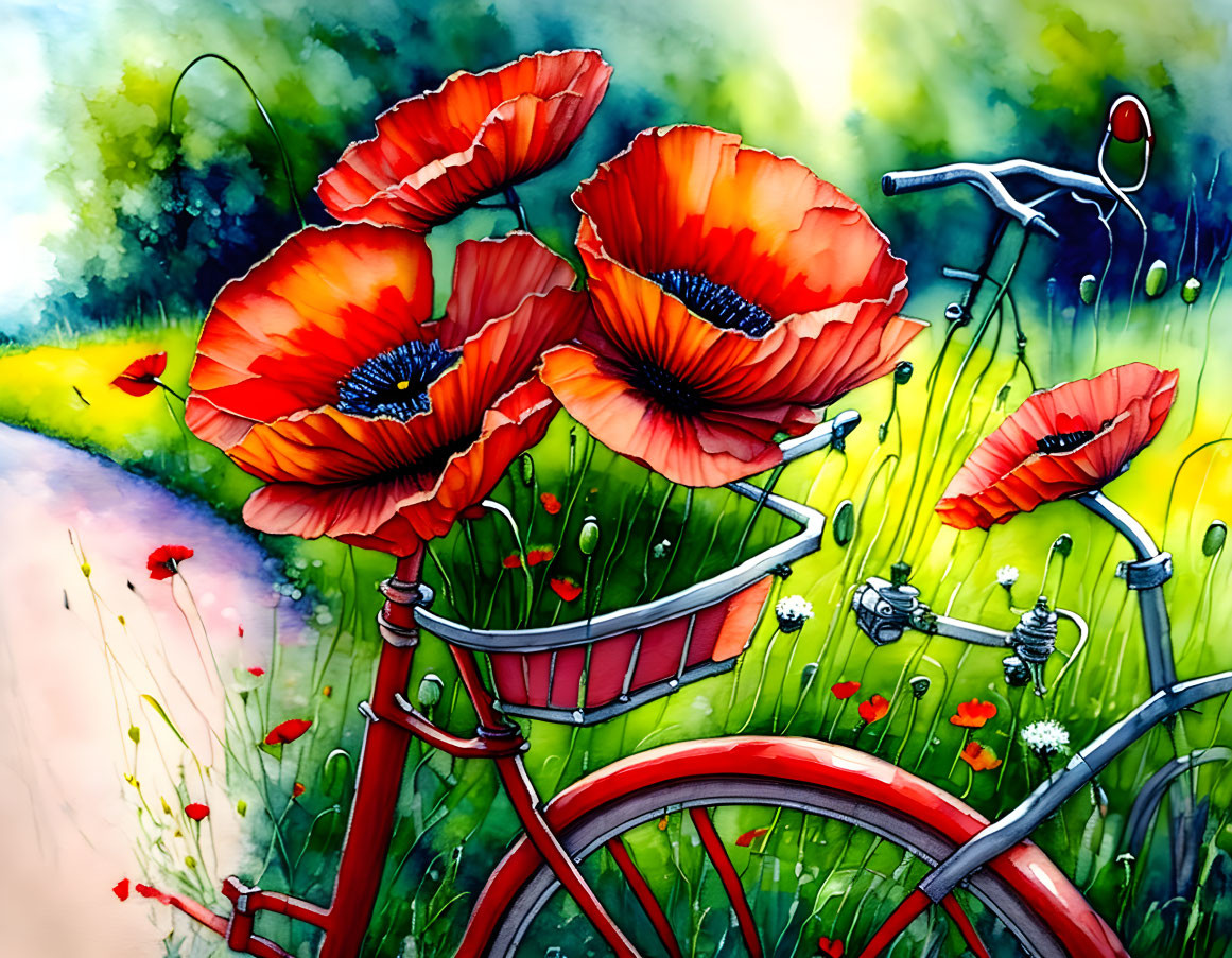 Colorful painting featuring red poppies and a bicycle in vibrant hues