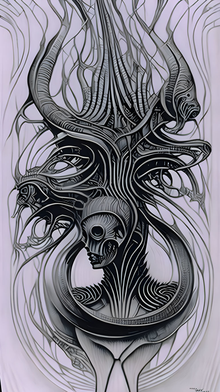 Detailed Black and White Abstract Artwork with Skull and Ornate Lines