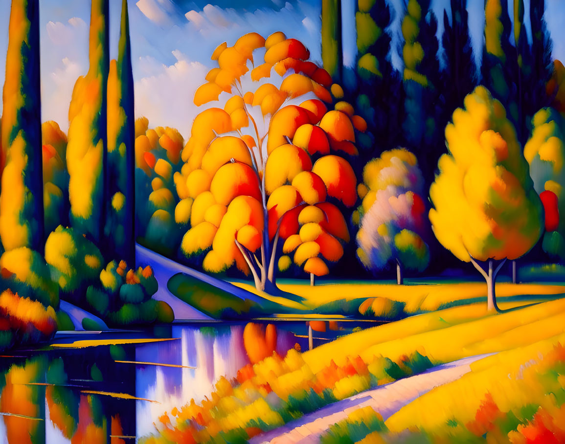 Colorful Fall Landscape Painting with Stylized Trees and Water Reflections