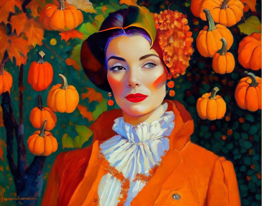 Stylized portrait of woman in orange jacket with pumpkins in background