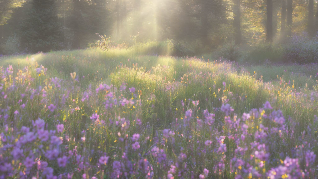 Sunlight on Purple Wildflowers in Forest Clearing