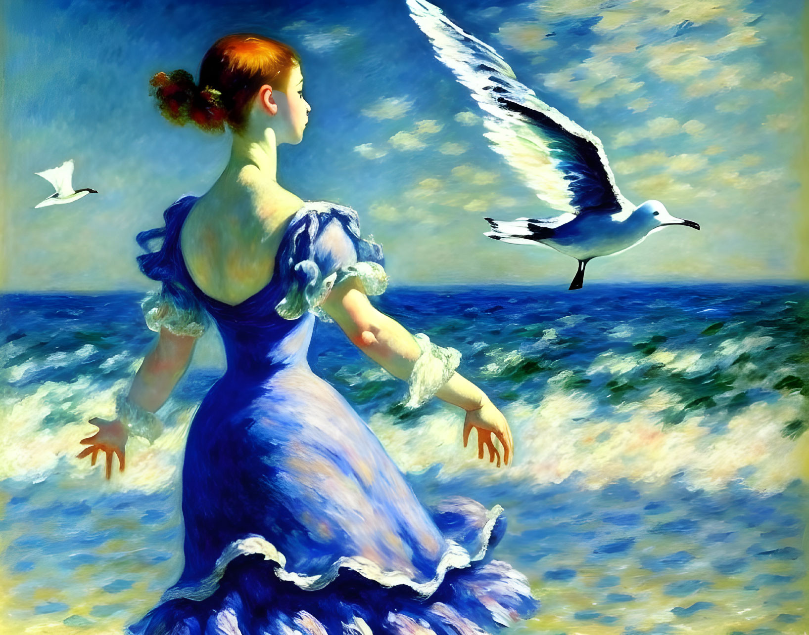 Woman in blue dress by the sea reaching for flying seagull