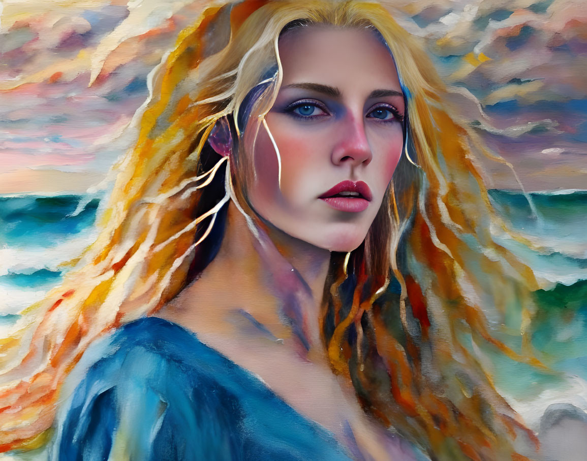 Blonde woman with blue eyes in abstract seascape portrait