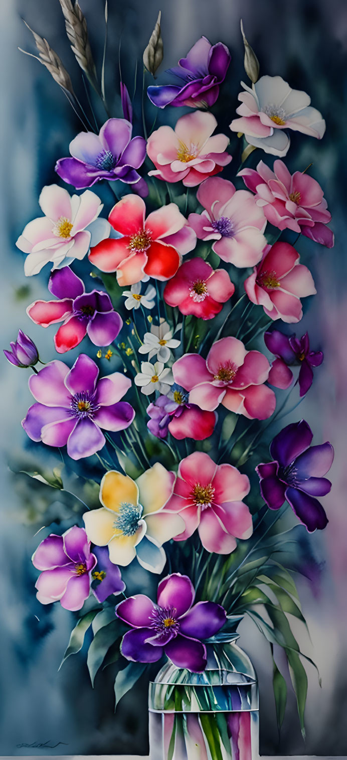 Vertical Painting of Vibrant Flower Bouquet on Blue Background