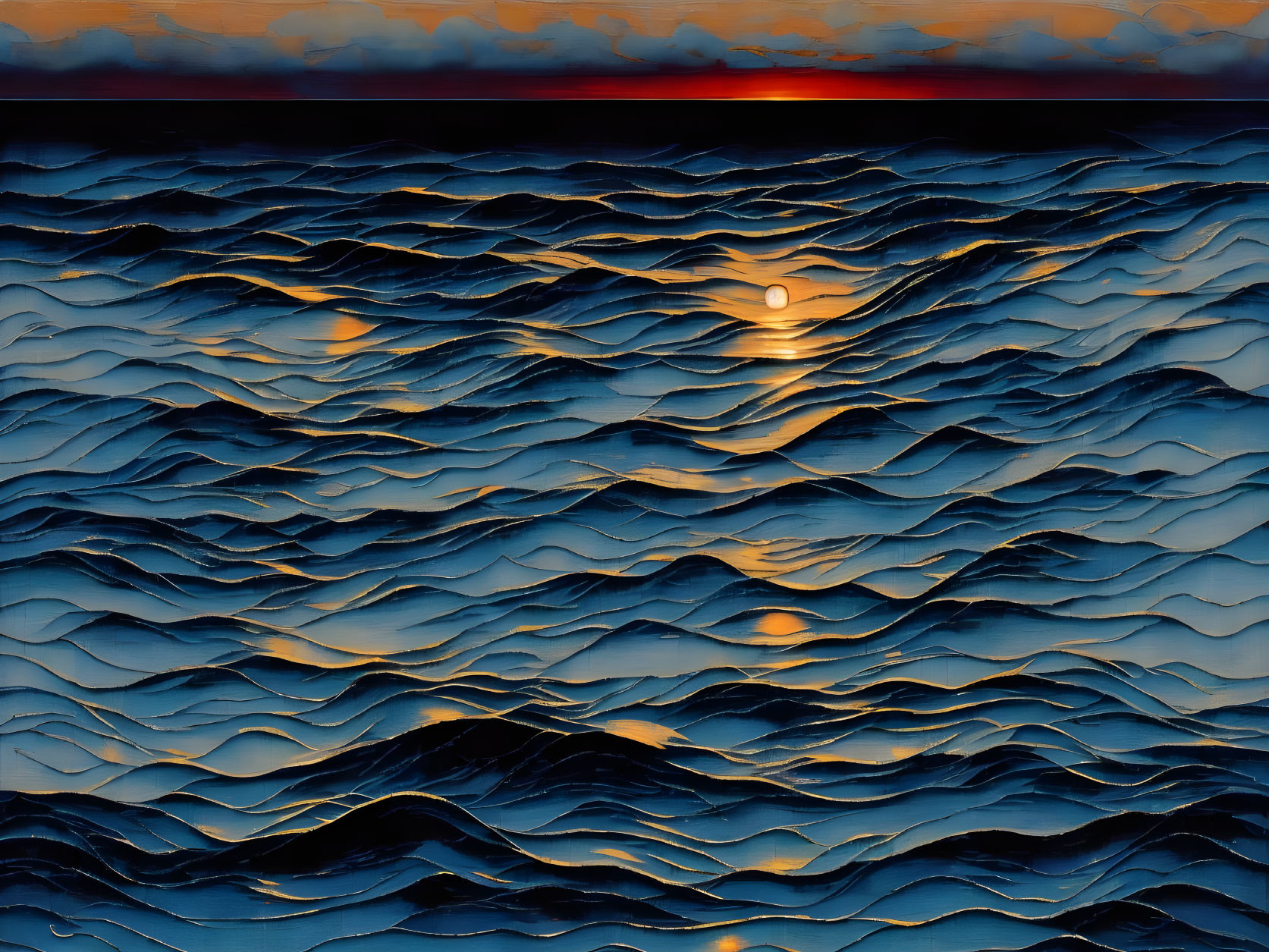 Vibrant sunset reflection on rippled sea surface in blue and orange gradient