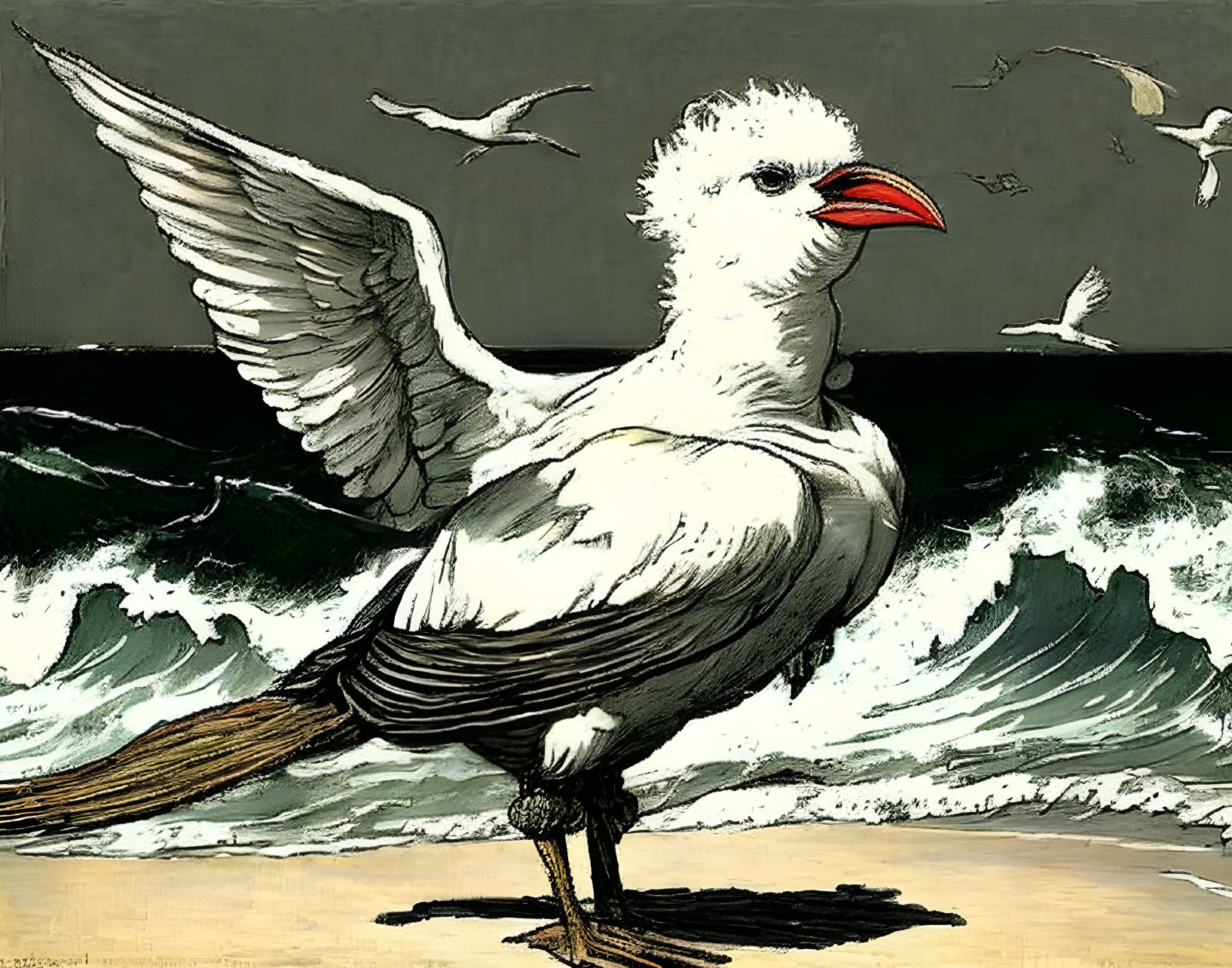 Majestic white seabird with red beak on shore with crashing waves and flying birds