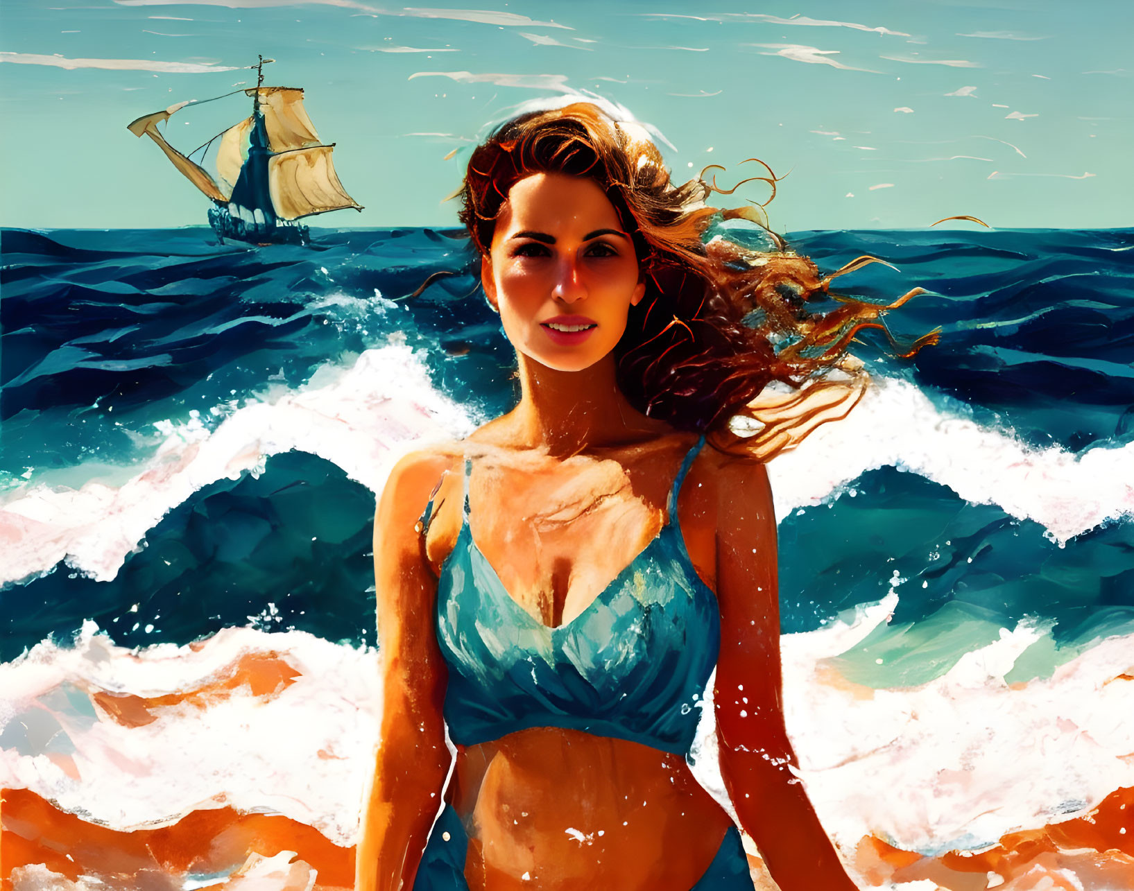 Woman in Blue Swimsuit Standing in Sea with Sailboat Background