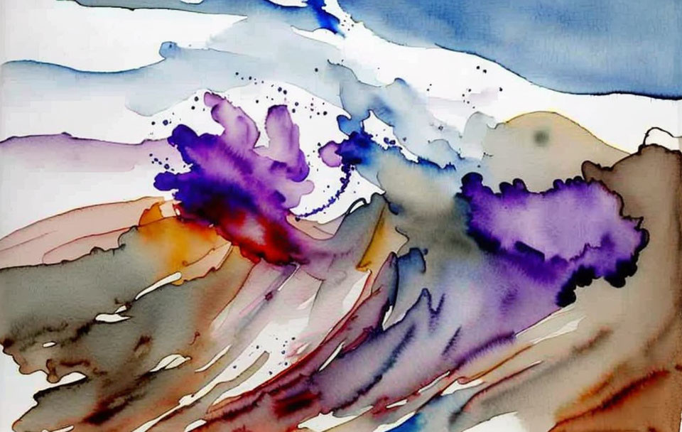 Vibrant Watercolor Art: Blue, Purple, and Earth Tones Flowing into Dreamlike