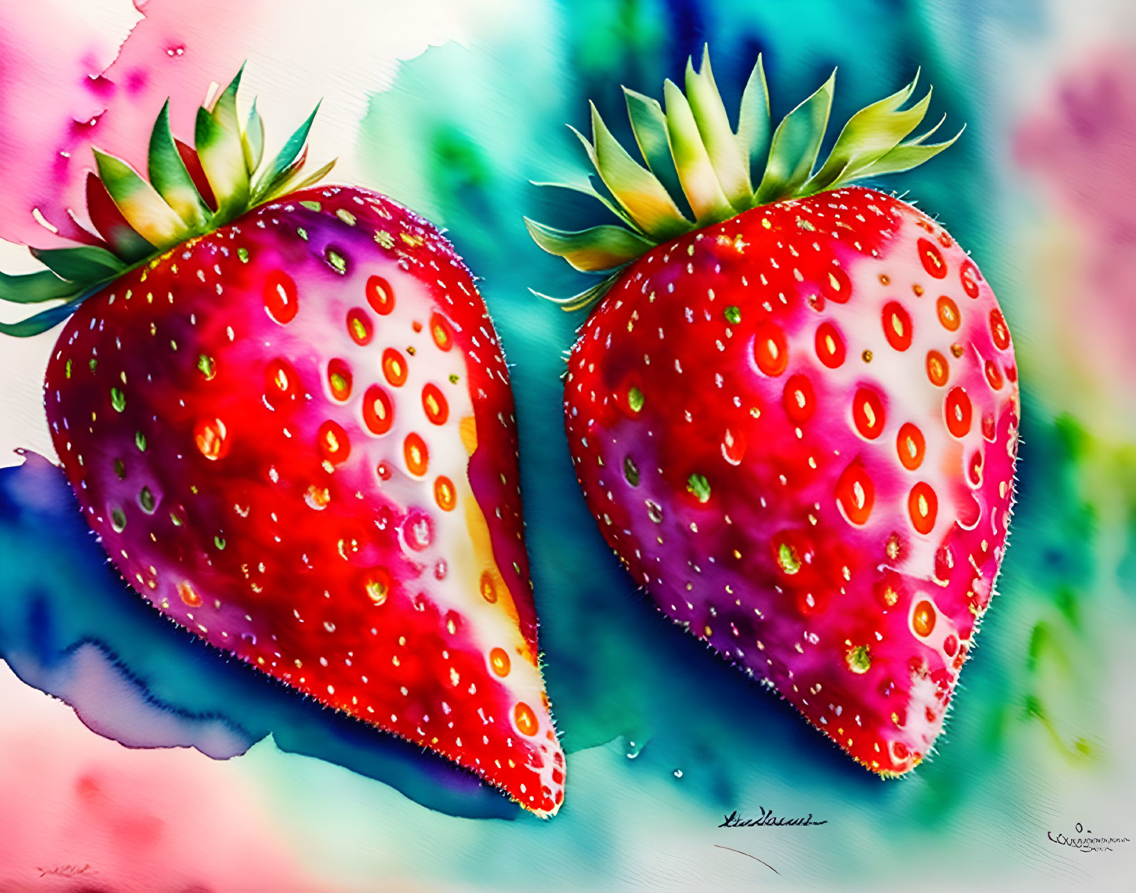 Colorful Watercolor Painting of Realistic Strawberries