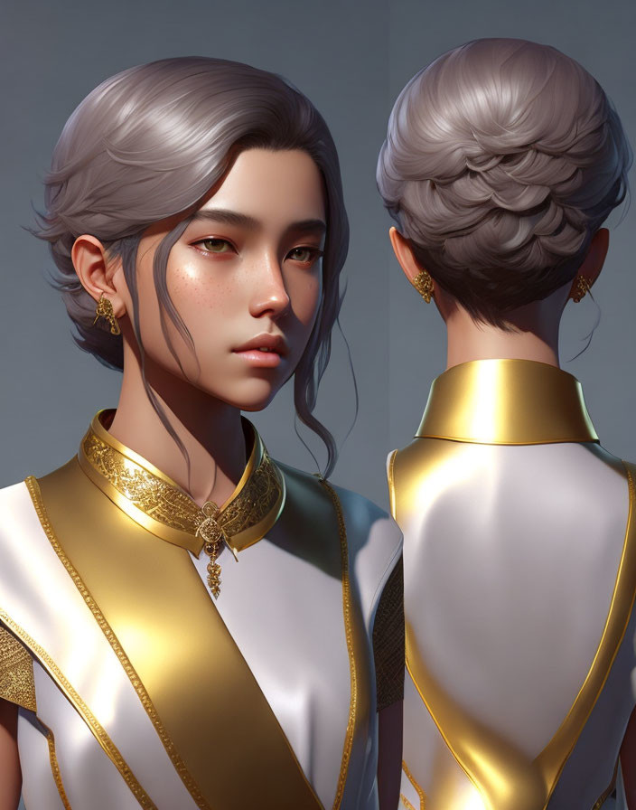 Silver-haired person in elegant updo with golden adornments, front & back view