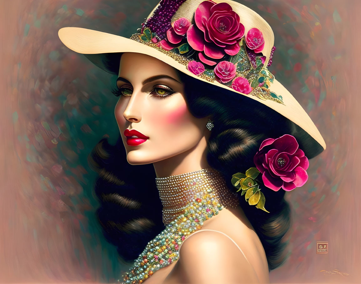 Stylish woman with red lips, dark hair, and pearl necklace in pink rose hat.