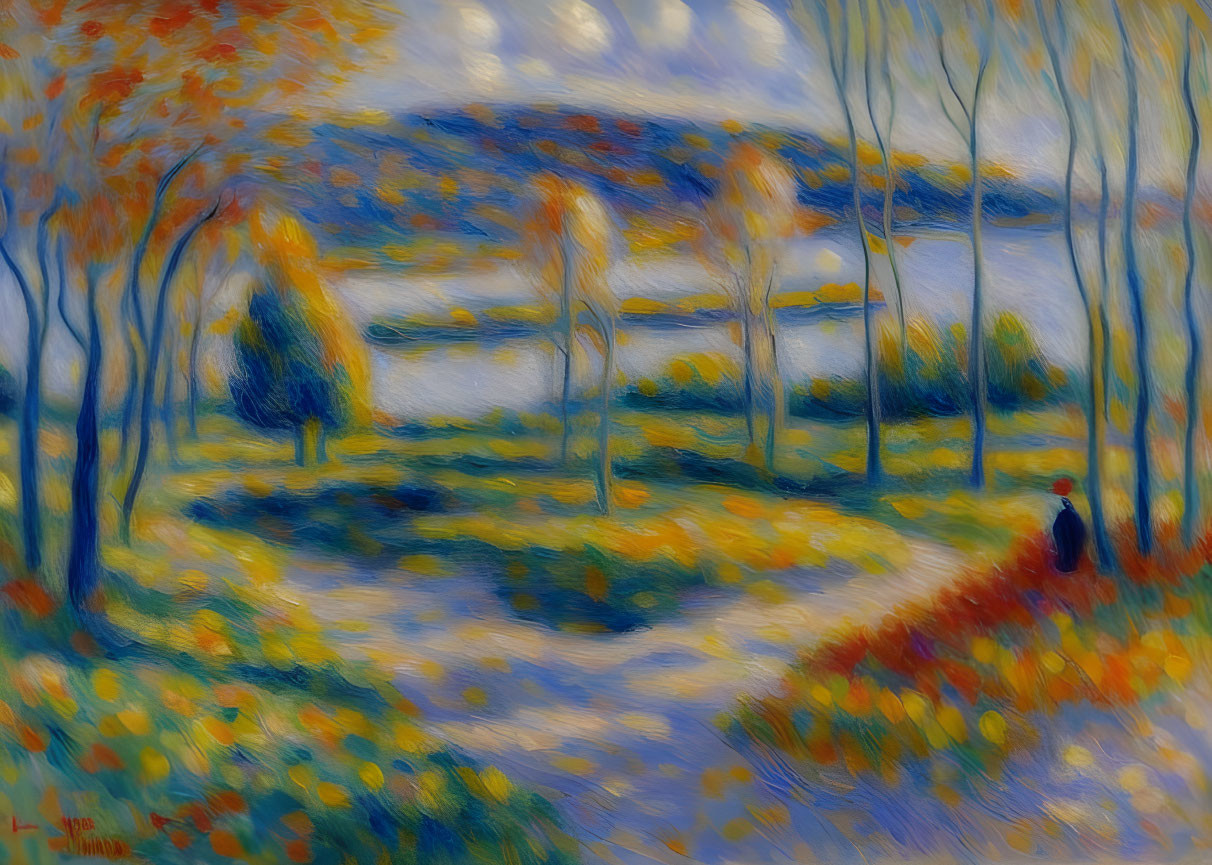 Vibrant autumn landscape with trees, blue sky, and solitary figure