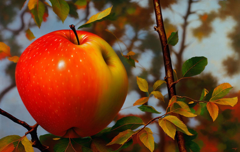 Vibrant red apple on thin branch with autumn leaves in background