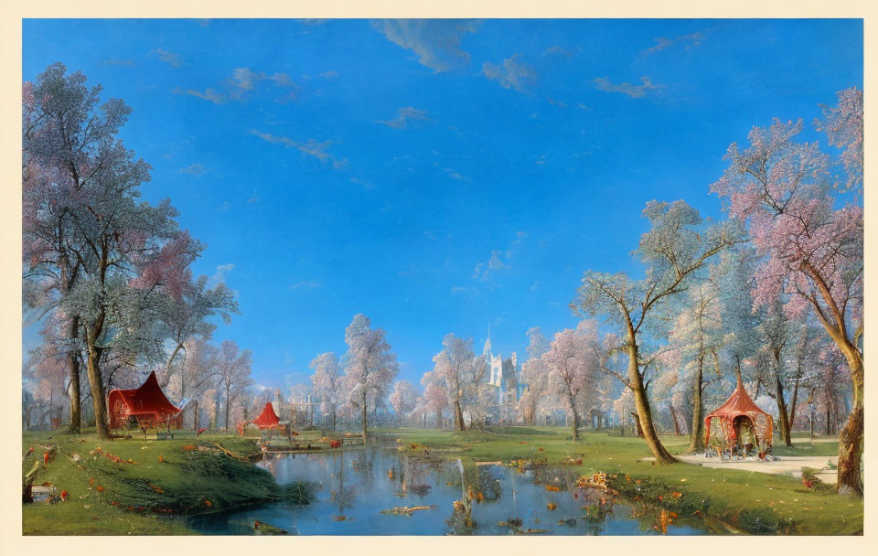 Tranquil landscape with blossoming trees, lake, castle, and leisure activities