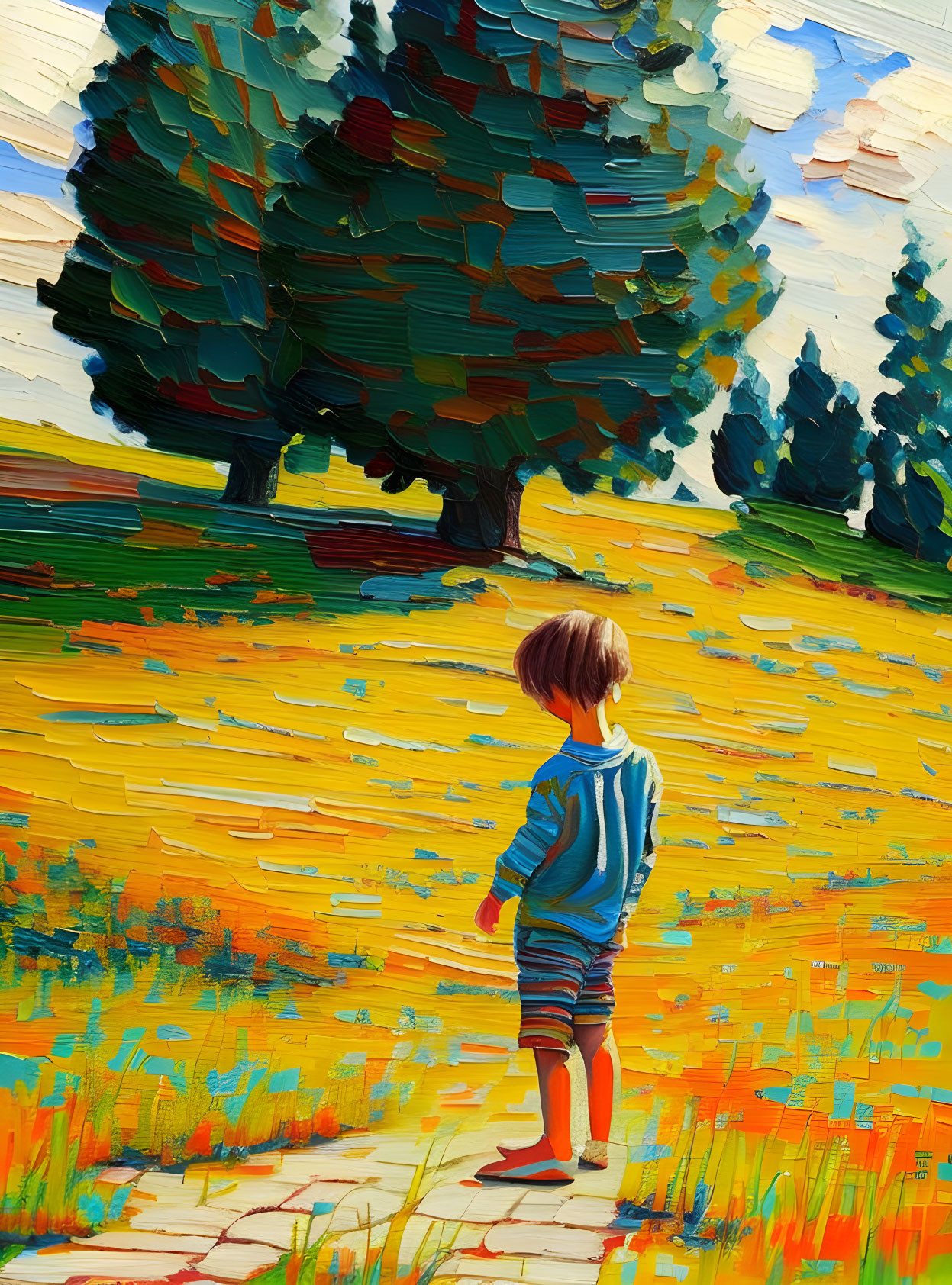 Child on Vibrant Pathway Through Colorful Field to Lush Trees