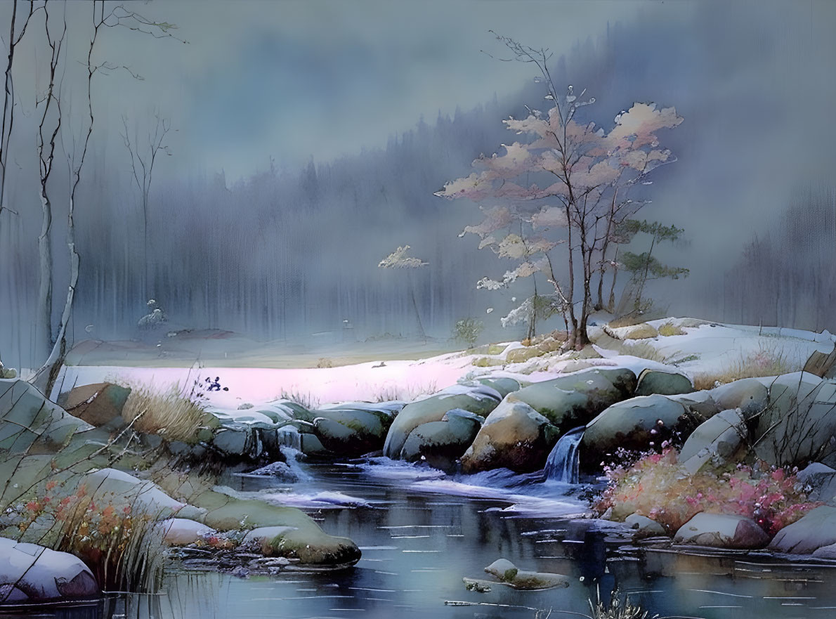 Tranquil winter landscape with stream, snow-covered rocks, bare trees, and pink foliage