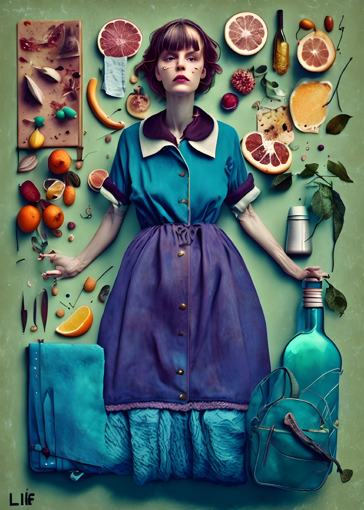 Vintage Attired Woman Surrounded by Fruits and Spices on Teal Background